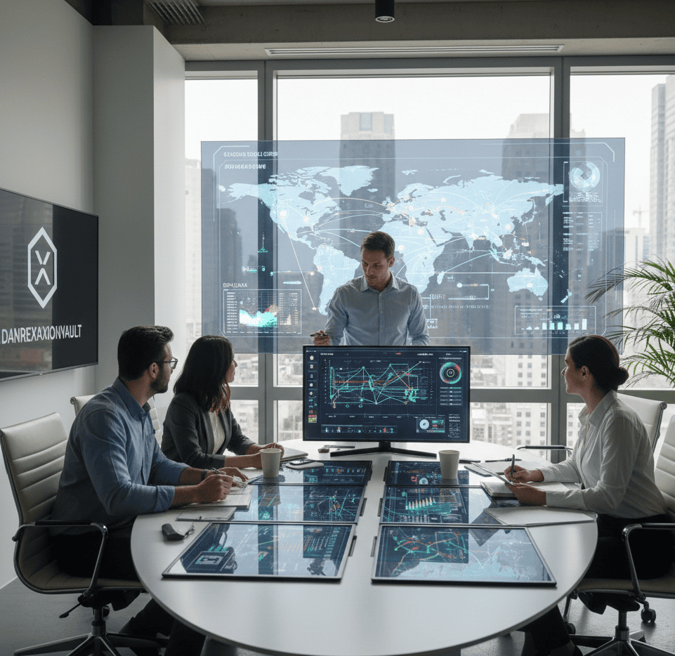 Команда Danrexaxionvault обсуждает стратегию оптимизации на встрече в современном офисе