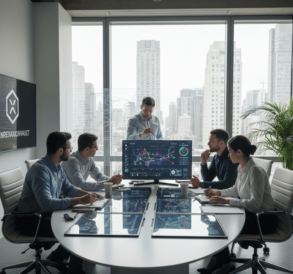 Команда аналитиков работает над оптимизацией логистических схем на большом экране